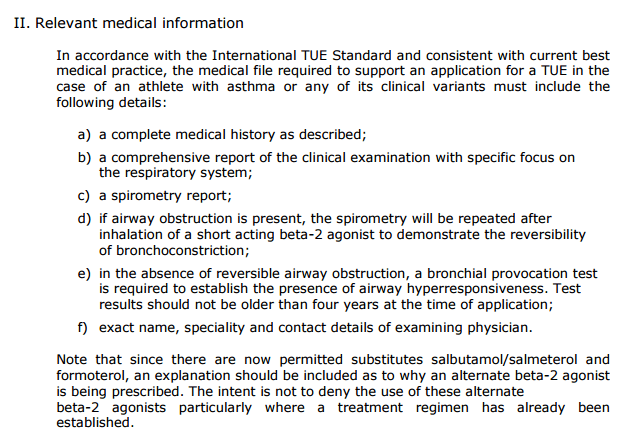 medical information required for asthma tue - wada