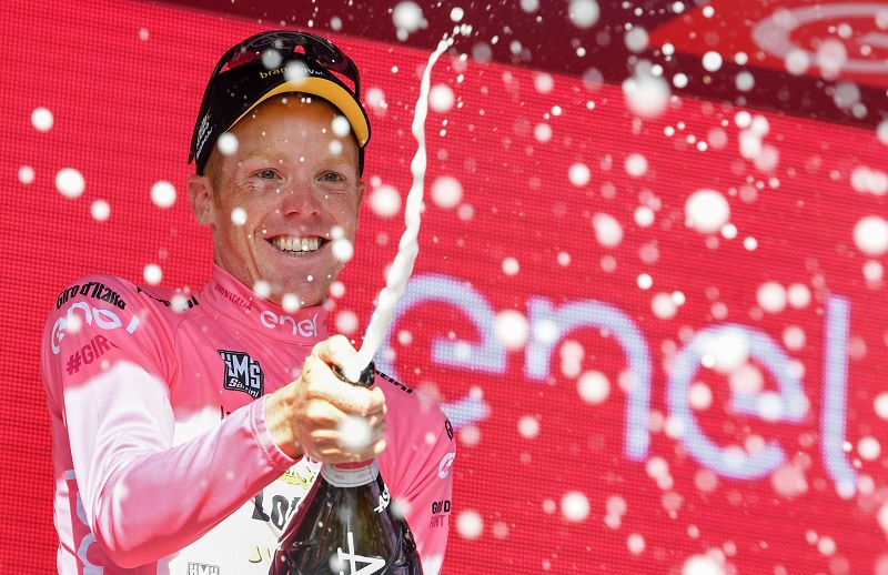 Dutch rider Steven Kruijswijk of  Team Lotto Jumbo, celebrates on the podium wearing the overall leader's pink jersey after the 14th stage of the Giro d'Italia cycling race over 210 km from Alpago to Corvara, Italy, 21 May 2016. ANSA/ALESSANDRO DI MEO
