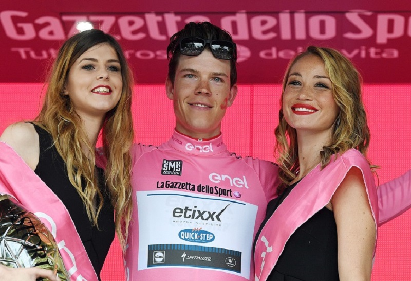 Luxembourg's rider Bob Jungels of the Etixx - Quick Step team, celebrates on the podium wearing the overall leader's pink jersey after the 11th stage of the Giro d'Italia cycling race over 227 km from Modena to Asolo, Italy, 18 May 2016.  ANSA/ALESSANDRO DI MEO